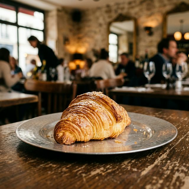 Close-up of a freshly-baked, buttery Parisian croissant
